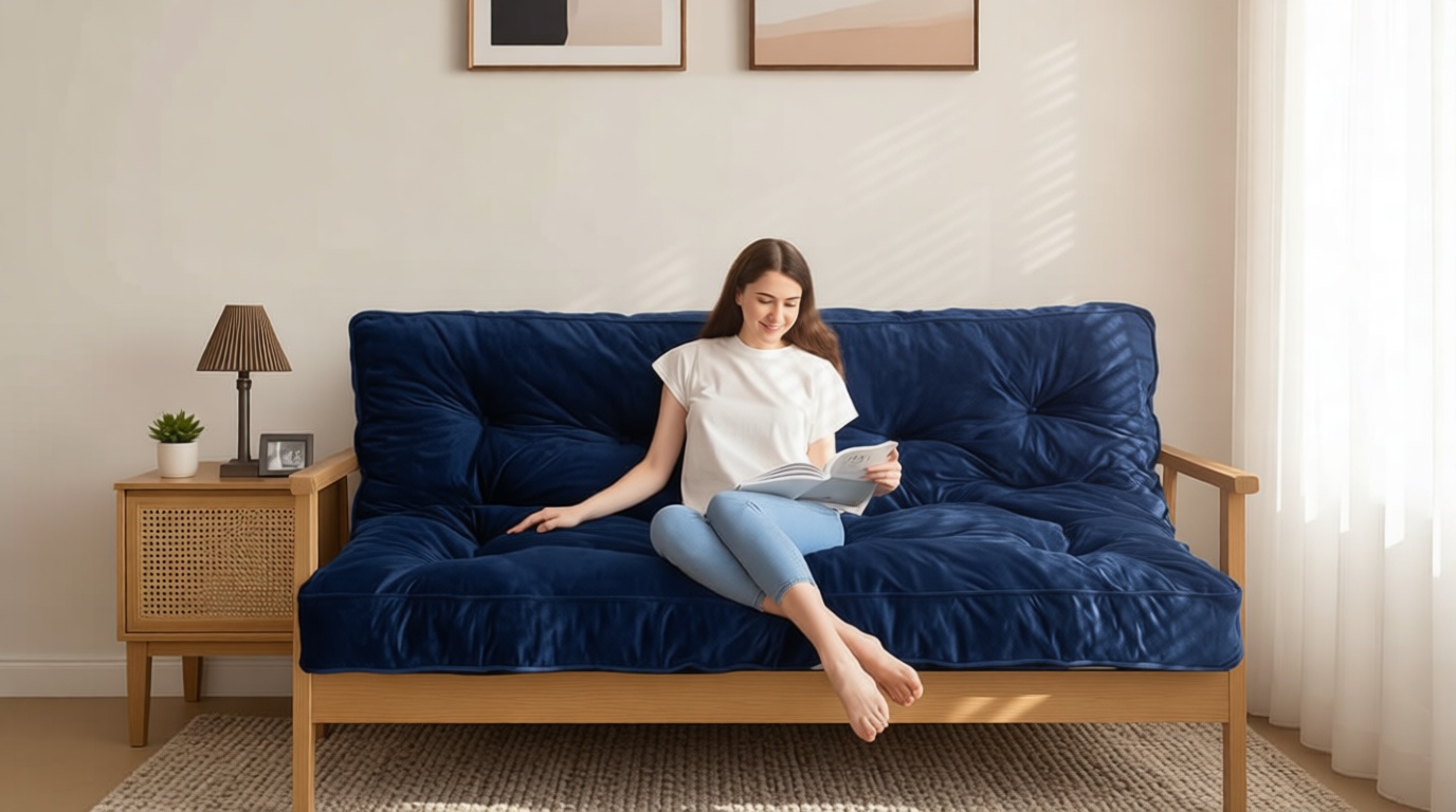 MAXYOYO 6" Futon Mattress Full Size, Velvet Thick Futons Sofa Couch Bed, Versatile Floor Mattress for Adults, Shredded Foam Filling (Frame Not Included), Navy Global Recycled Standard