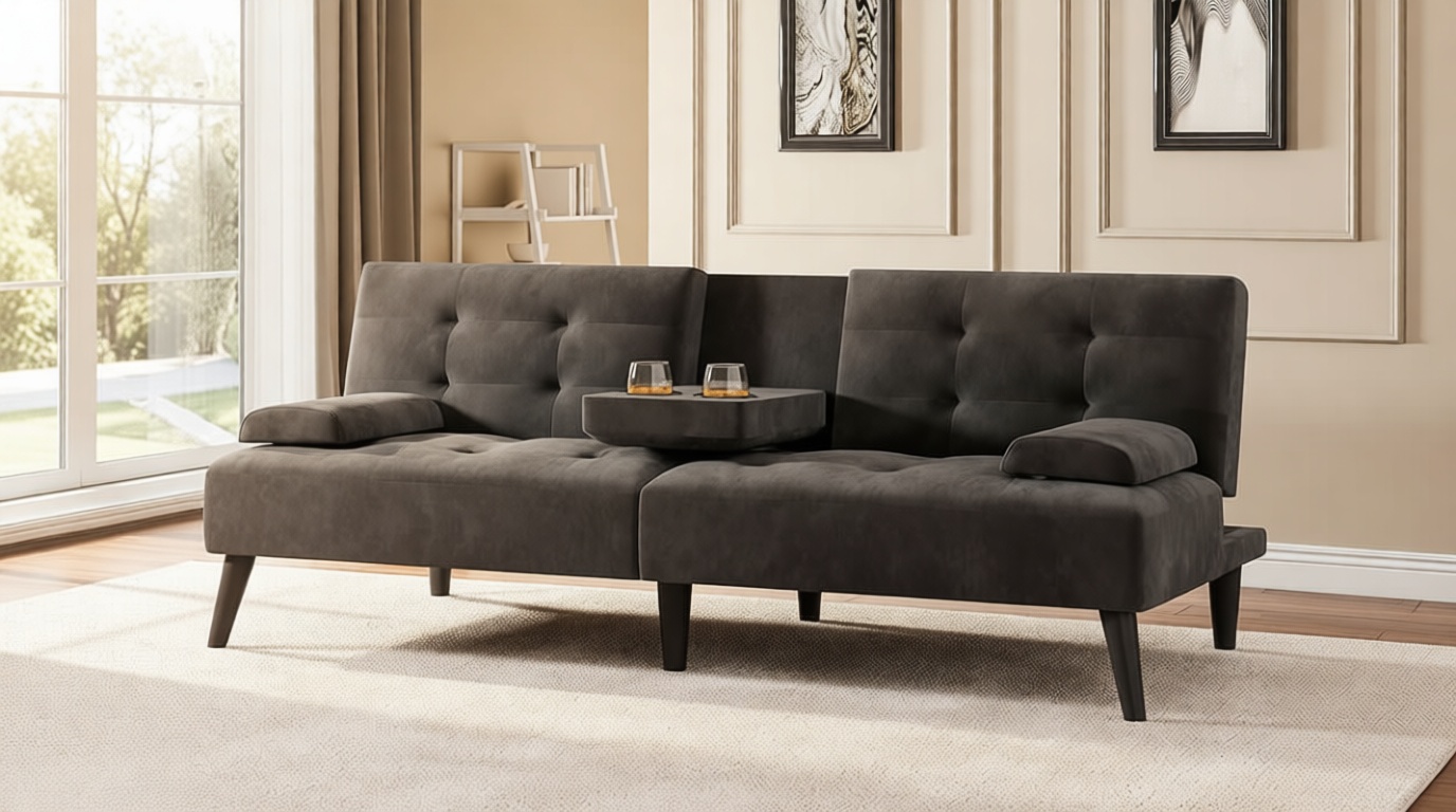 Meilocar 64" Futon Sofa Bed, 64" Convertible Loveseat with 2 Cup Holders, Small Couch with 3 Adjustable Angles & Removable Armrest, Sleeper Sofa for Apartment, 5.3 FT, Black