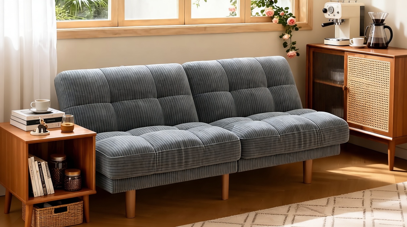 AMADA HOMEFURNISHING 65" Futon Sofa Bed, Convertible Futon Couch with Adjustable Backrest, Ergonomic Recliner Sleeper Sofa with Corduroy Fabric for Living Room, Office, Guest Room (Grey)