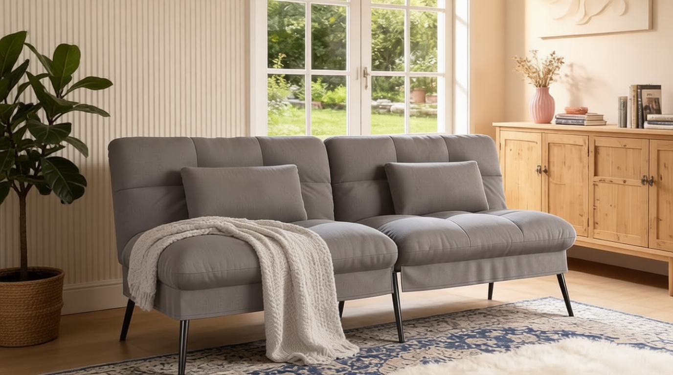 COMHOMA 72″Futon Sofa Bed,Modern Convertible Sleeper Sofa, Fabric Futon Couch with Multi-Position Backrest for Living Room Furniture (Grey)