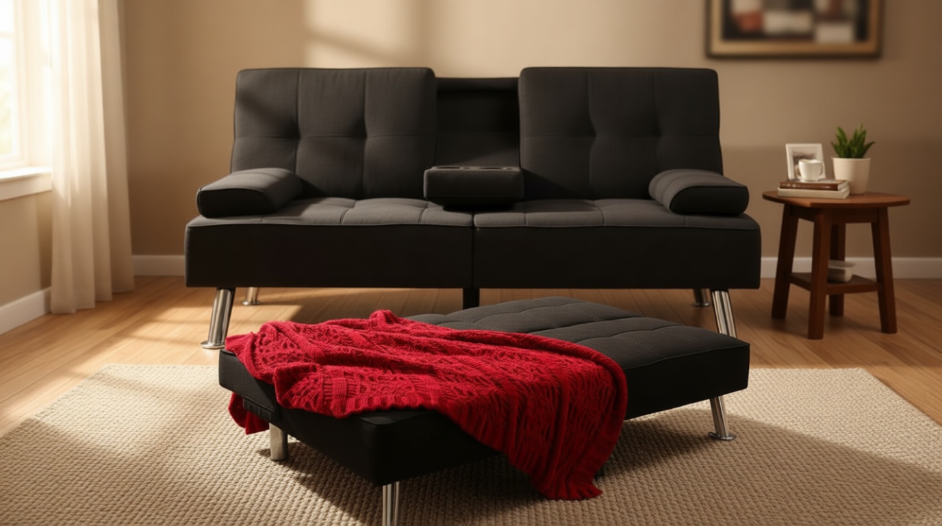 Best Choice Products Linen Modern Folding Futon, Reclining Sofa Bed for Apartment, Dorm w/Removable Armrests, 2 Cupholders - Black