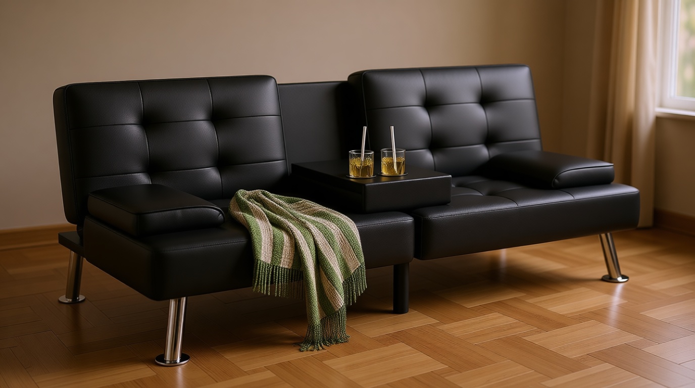 Homall Futon Sofa Bed, Leather Futon Couch with Removable Armrests, Adjustable Recliner Sleeper Sofa Bed with Dual Cup Holders for Living Room, Apartment, Office (Black), 30.7 x 65 x 28