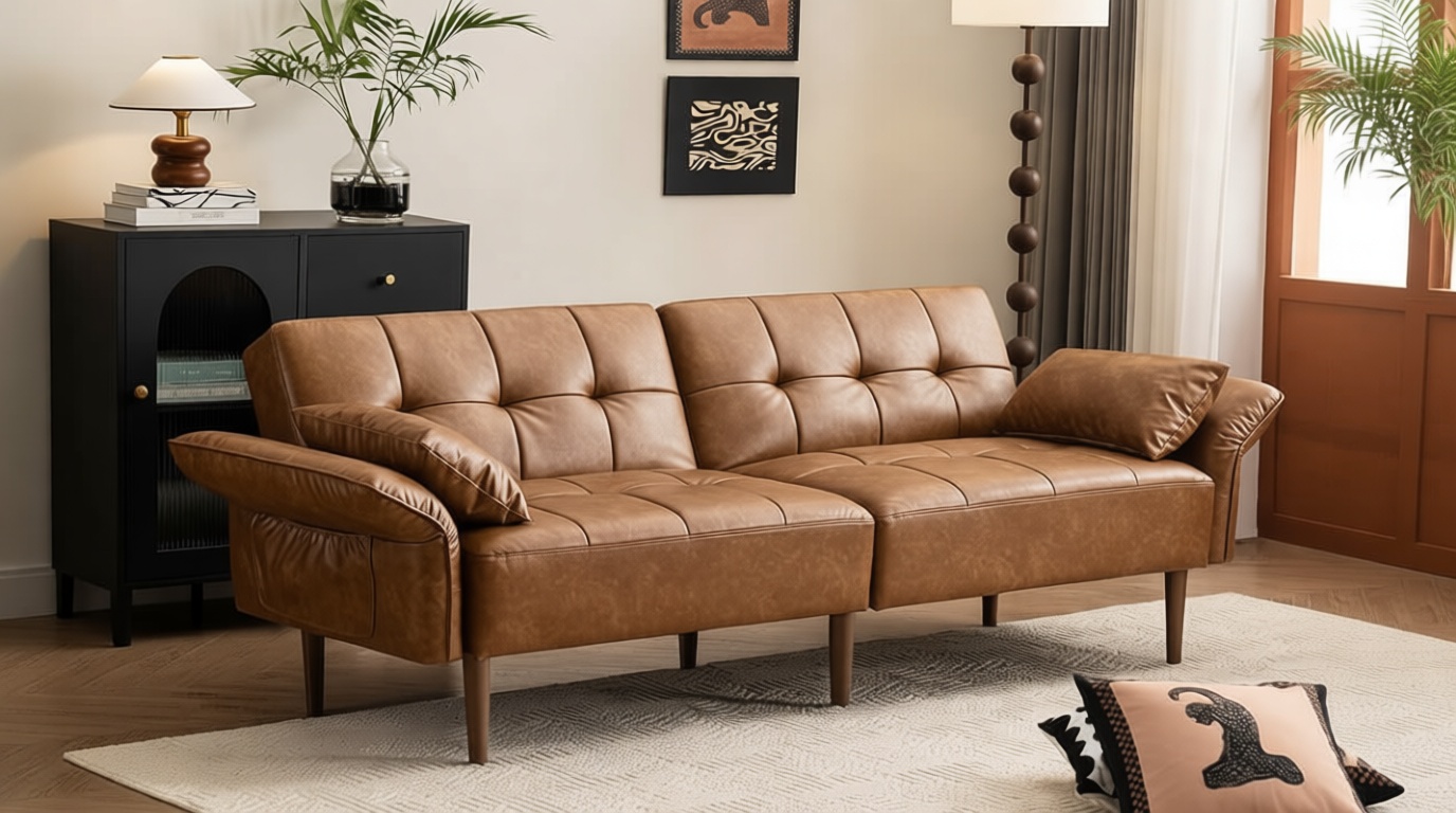 HALLYBEE 85” Futon Sofa Bed, Sleeper Sofa, Small Couch with Storage Adjustable Armrests Pillows, Faux Leather Loveseat, Mid Century Modern Couches for Living Room, Bedroom, Apartment, Brown