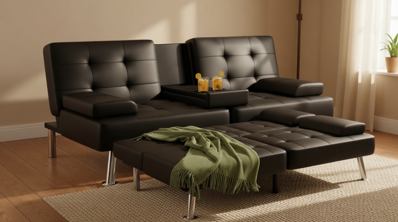 Flamaker Futon Sofa Bed Modern Folding Futon Set Convertible Recliner Lounge for Living Room with 2 Cup Holders, Removable Armrests (PU Leather, Black)