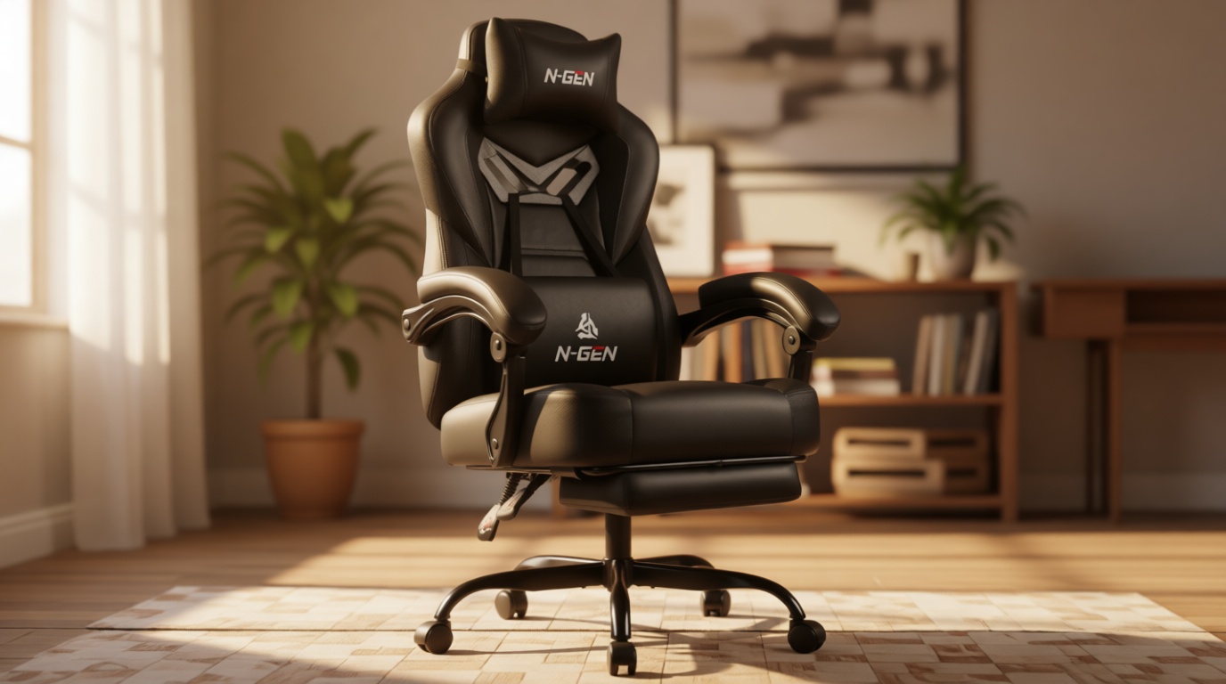 N-GEN GAMING Video Gaming Chair Big and Tall Office Computer Desk Chairs with Ergonomic Lumbar Support High Back Recliner and Footrest for Adults (Black)