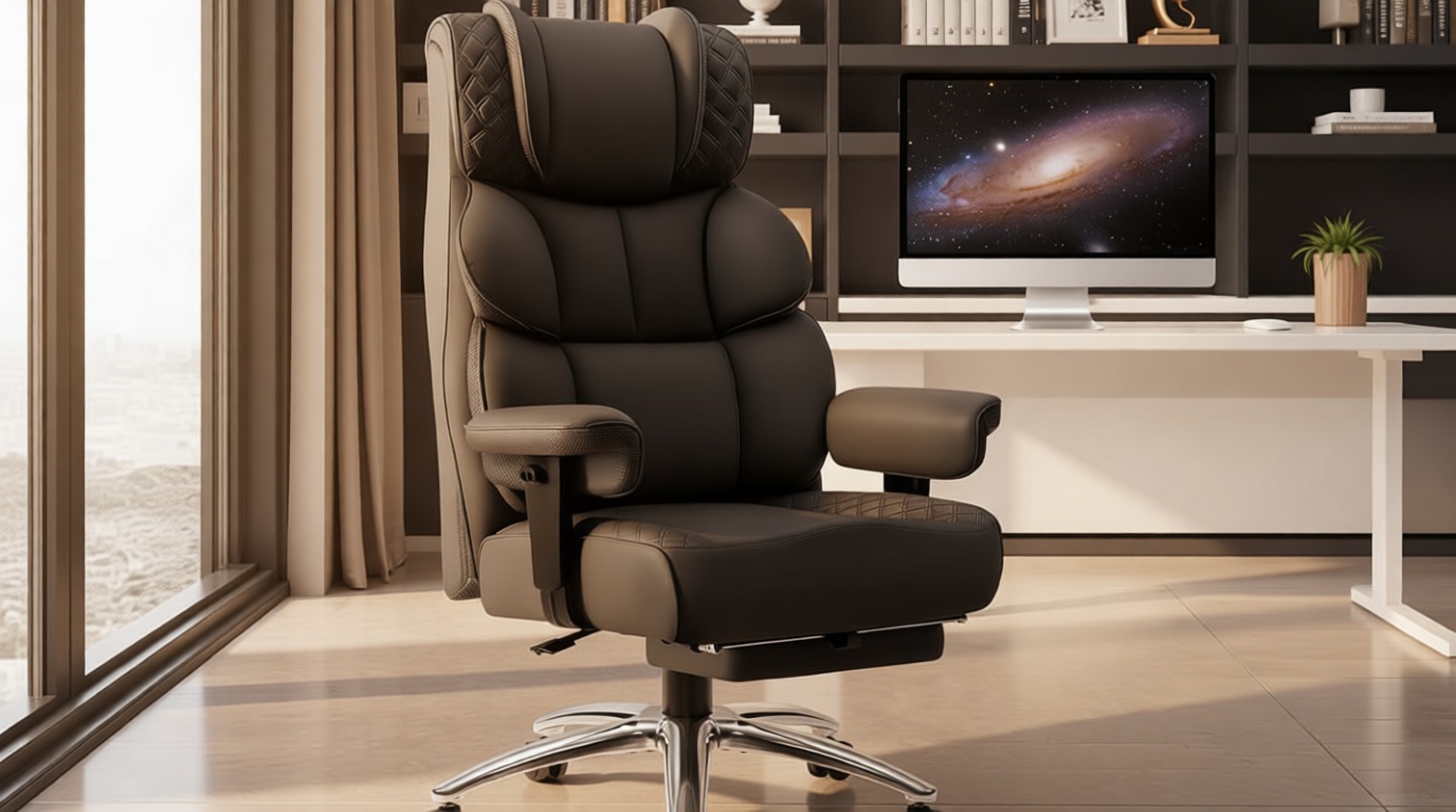 BestGlory Office Desk Chair, Big and Tall Leather Gaming Chair with Footrest, Wide Ergonomic Comfy Executive High-Back Reclining Computer Chairs, Swivel Rolling Wheels and Padded Lumbar Support, Black Global Recycled Standard