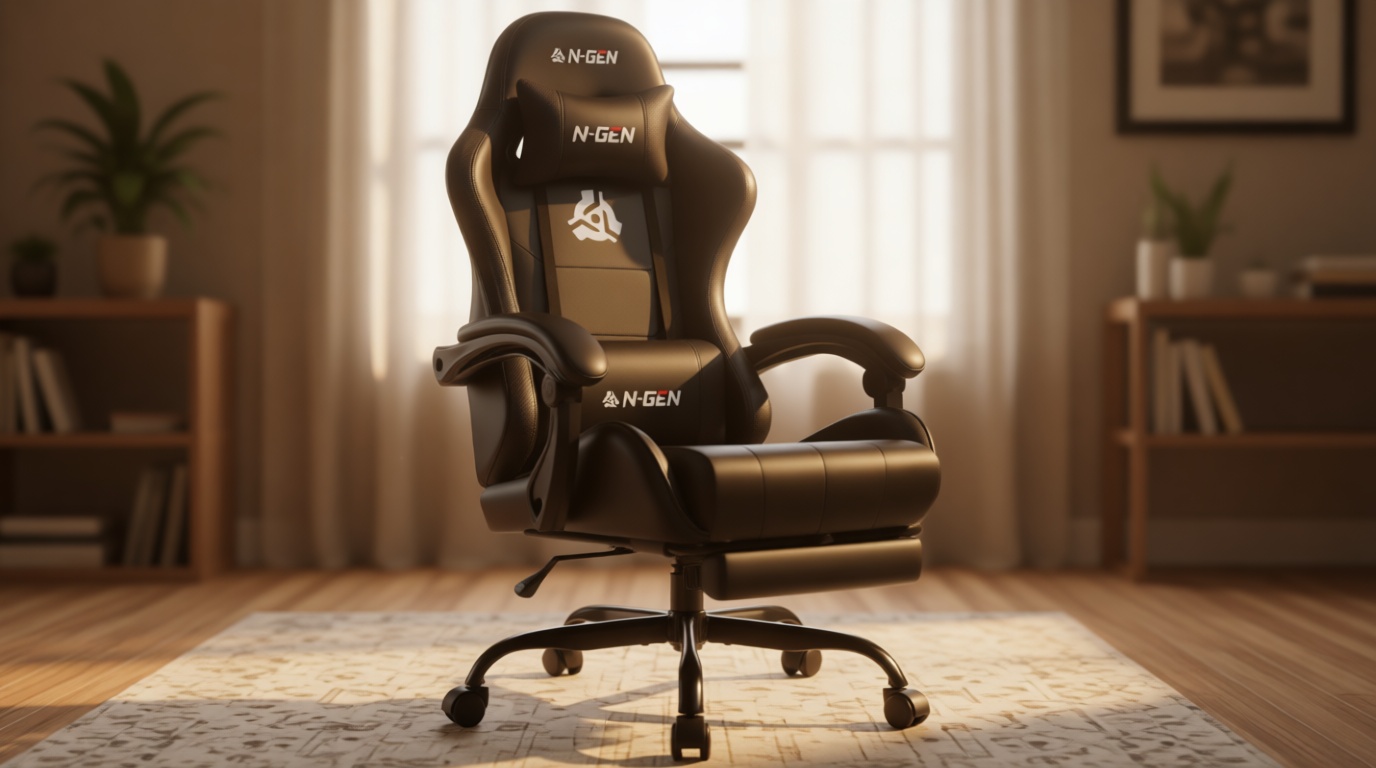 N-GEN GAMING Video Gaming Chair with Footrest Lumbar Support for Home Office High Back Recliner Height Adjustable Ergonomic Comfy Leather Computer Desk Chair (Black) The Forest Stewardship Council