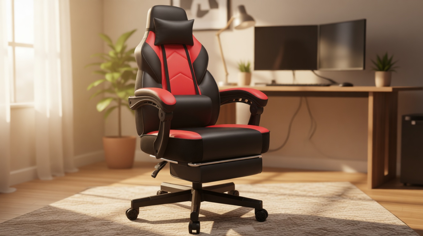 Gaming Chair with Footrest, Video Game Chair for Adults, Big and Tall Computer Chair with Massage Lumbar Support 330lb Weight Capacity, Ergonomic Adjustable Height and 360° Swivel Seat (Red)
