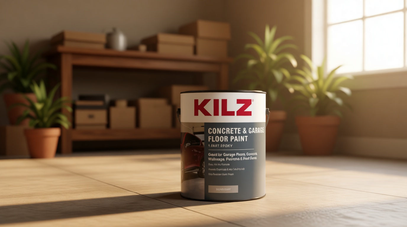 KILZ 1-Part Epoxy Acrylic Concrete & Garage Floor Paint, Silver Gray, Satin, Interior/Exterior Concrete Paint for Basement Floors, Porches, Driveways & Pool Decks, 1 Gallon