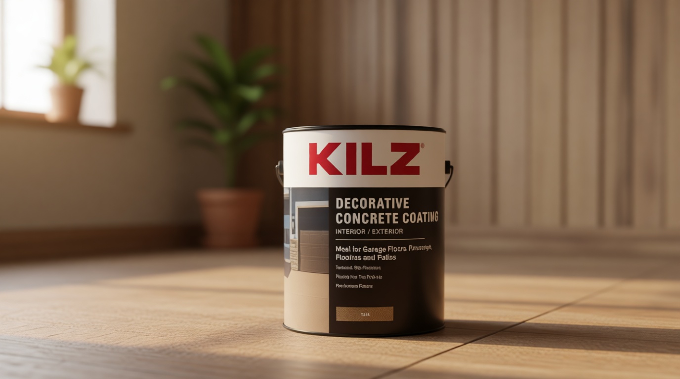 KILZ Decorative Concrete Coating, Slip-Resistant Tan Paint with Stone-Like Speckled Finish, Interior/Exterior Use on Garages, Patios, Driveways, Pool Decks & Walkways, 1 Gallon