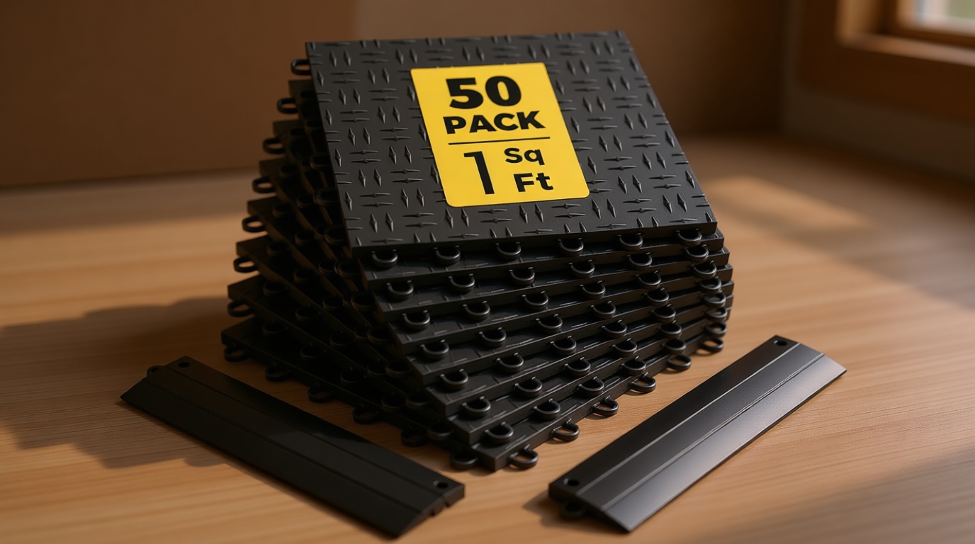 CAMMOO Garage Floor Tiles Heavy-Duty Interlocking 12"x12" (50-Pack with 4 Edge Pieces, Black), 10000 lbs Capacity, Warp-Proof & Non-Slip Design, Noise Reduction, for Garage, Basement, Workshop