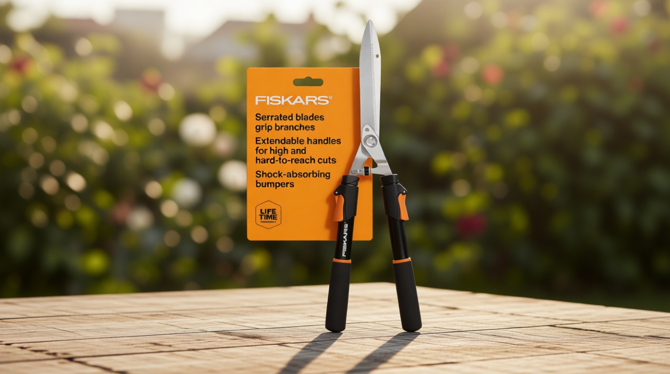 Fiskars Power-Lever Extendable Hedge Shears, Self-Sharpening Serrated Steel Blades for Clean Cuts, Handles Adjust 25"-33" for High Reach, Multiplies Leverage for 2x Power, 10" Blades, Orange/Black