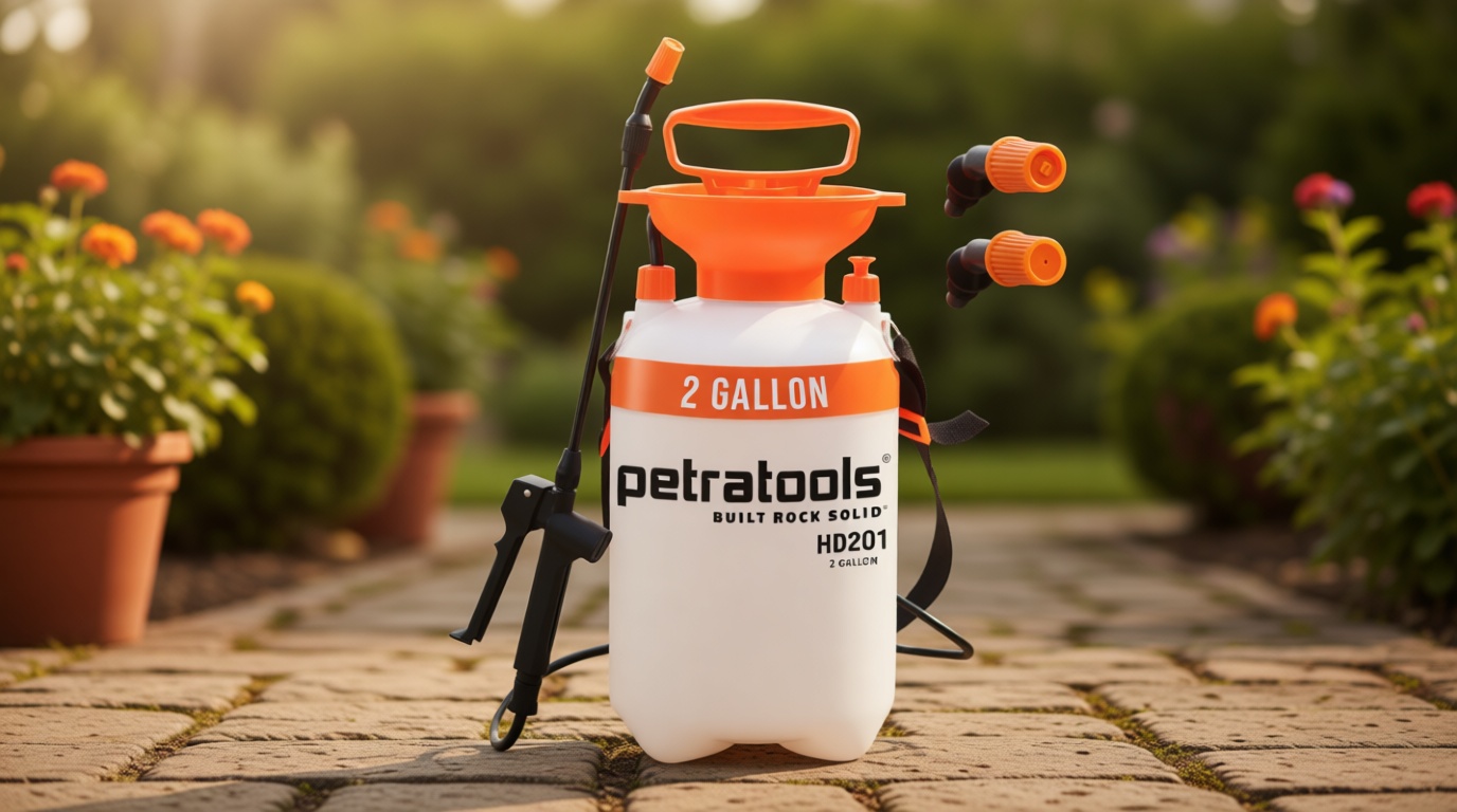 Petratools 2 Gallon Pump Sprayer - HD201 Garden Sprayer for Weeds, Lawn Care & Pesticides - 52" Long Hose, 2 Nozzles & Easy Carry Handle - Durable & Lightweight