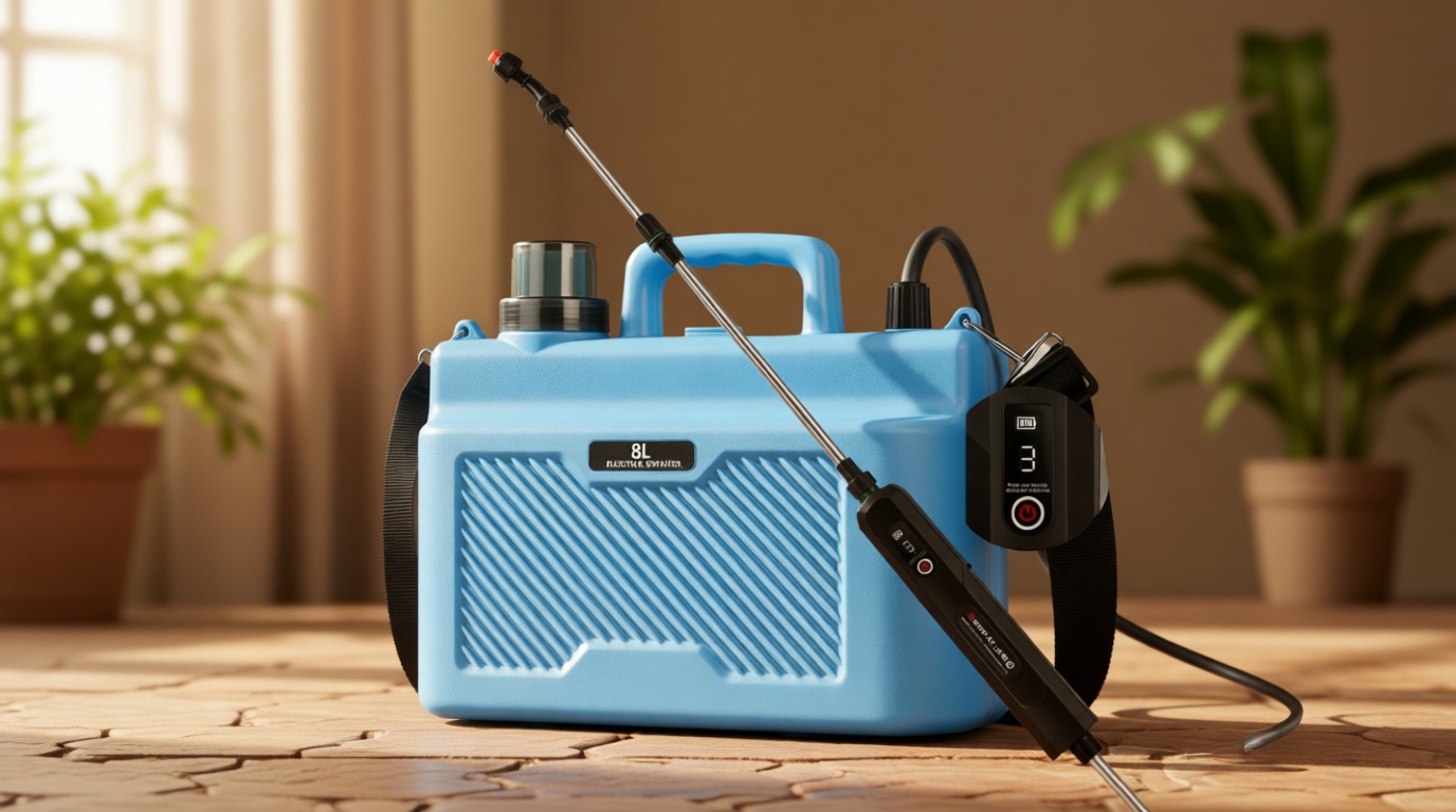 Battery Powered Sprayer 2 Gallon, 7.4V Powerful Electric Garden Sprayer, Rechargeable Weed Yard Lawn Sprayers with 4 Mist Nozzles, Retractable Wand, Adjustable Shoulder Strap