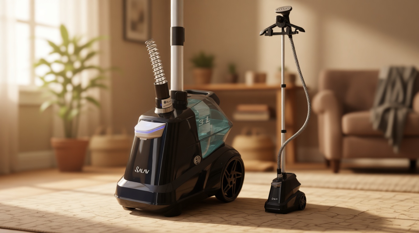 SALAV Heavy Duty Commercial Full-Size Garment Steamer with Foot Pedals and Extra Large 3L (101.5 oz) Water Tank, 1800 watts of Poweful Steam (Navy)