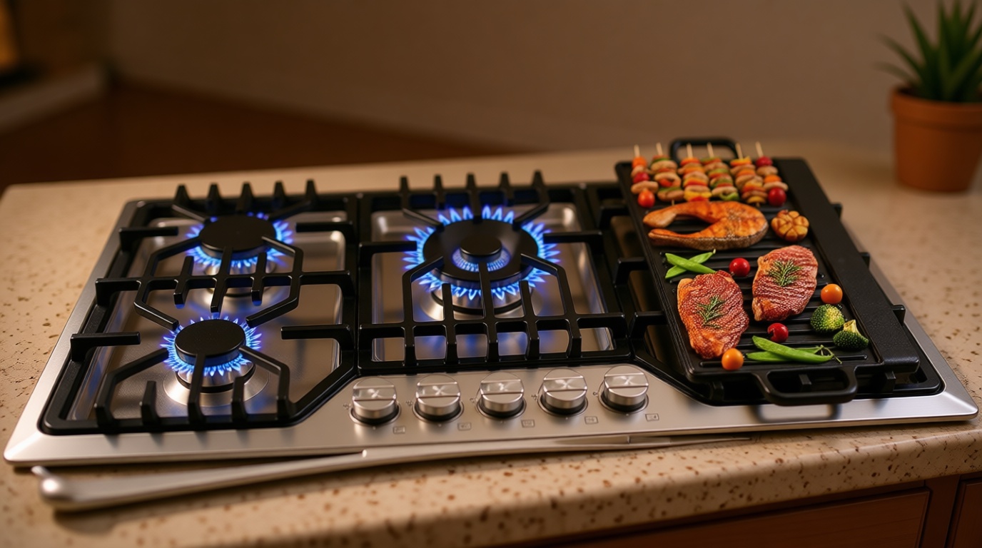 36 inch Gas Cooktop with Grill/Griddle, Gas Stove Top with 5 Italy Sabaf Sealed Burners, Max 48,300 BTU Built-in Propane Stove, 304 Stainless Steel Propane Cooktop, NG/LPG Convertible, CSA Certified