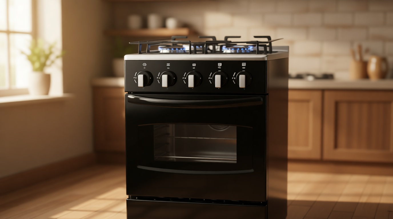 20" Freestanding LPG Oven - Equipped with 4 coil burners and Gas Stove with stainless steel 50L oven (Black: Automatic ignition)