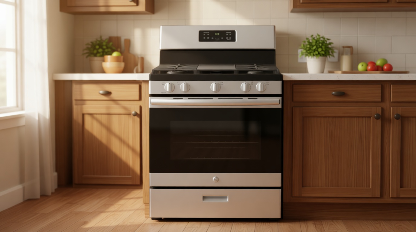 GE 30 Inch Free-Standing Gas Range, 5.0 cu. ft. Oven, 5 Sealed Burners, Broiler Drawer, Continuous Grates, Steam Clean, Simmer & Power Boil Burners, Non-Stick Griddle, Stainless Steel