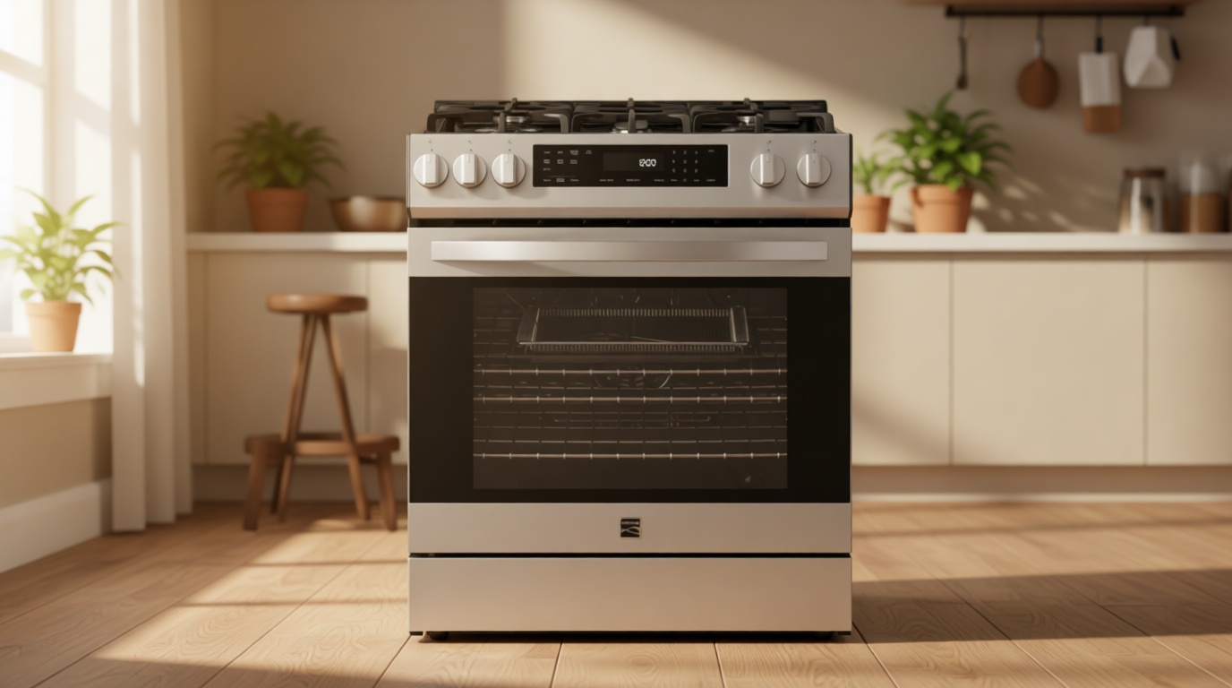 Kenmore 5.6 cu. ft. Front Control Gas Range Oven with 5 Cooktop Burners - True Convection, Air Fry, Turbo Boil, Self Clean, Dishwasher Safe Grates, Three Chrome Racks, LP Kit - Stainless Steel