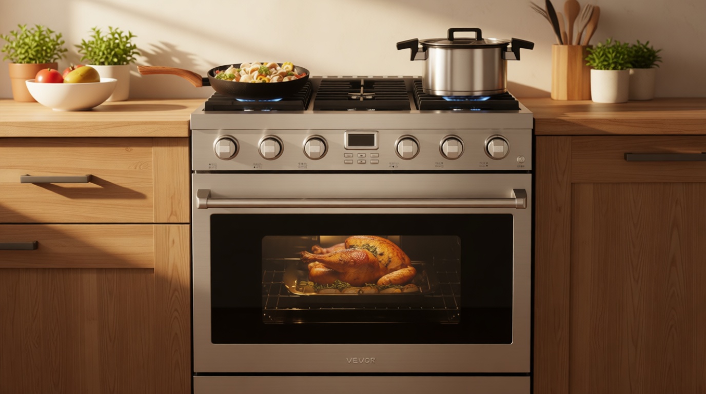 VEVOR Gas Range Oven, 36 Inches Width, Freestanding Stainless Steel Stove and Oven with 6 Sealed Cooktop Burners, Easy Reach Racks, Halogen Light, 6.0 Cu. Ft. Capacity, for Home Apartment Kitchen