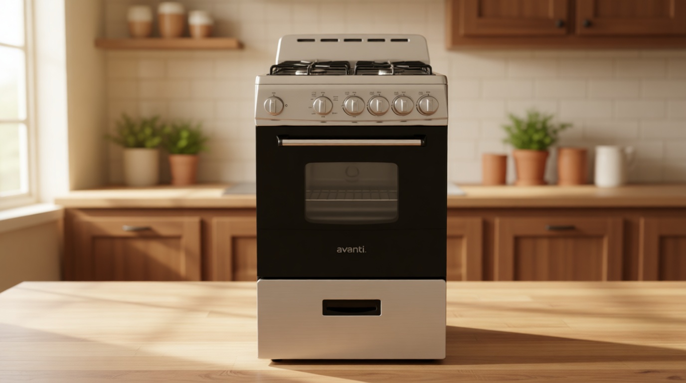 Avanti Gas Range Oven, Compact Freestanding Design, 4 Sealed Burners with Electronic Ignition, 2.1 Cu.Ft. Capacity Features Storage Drawer Broiler and Accessories, 20-Inch, Black