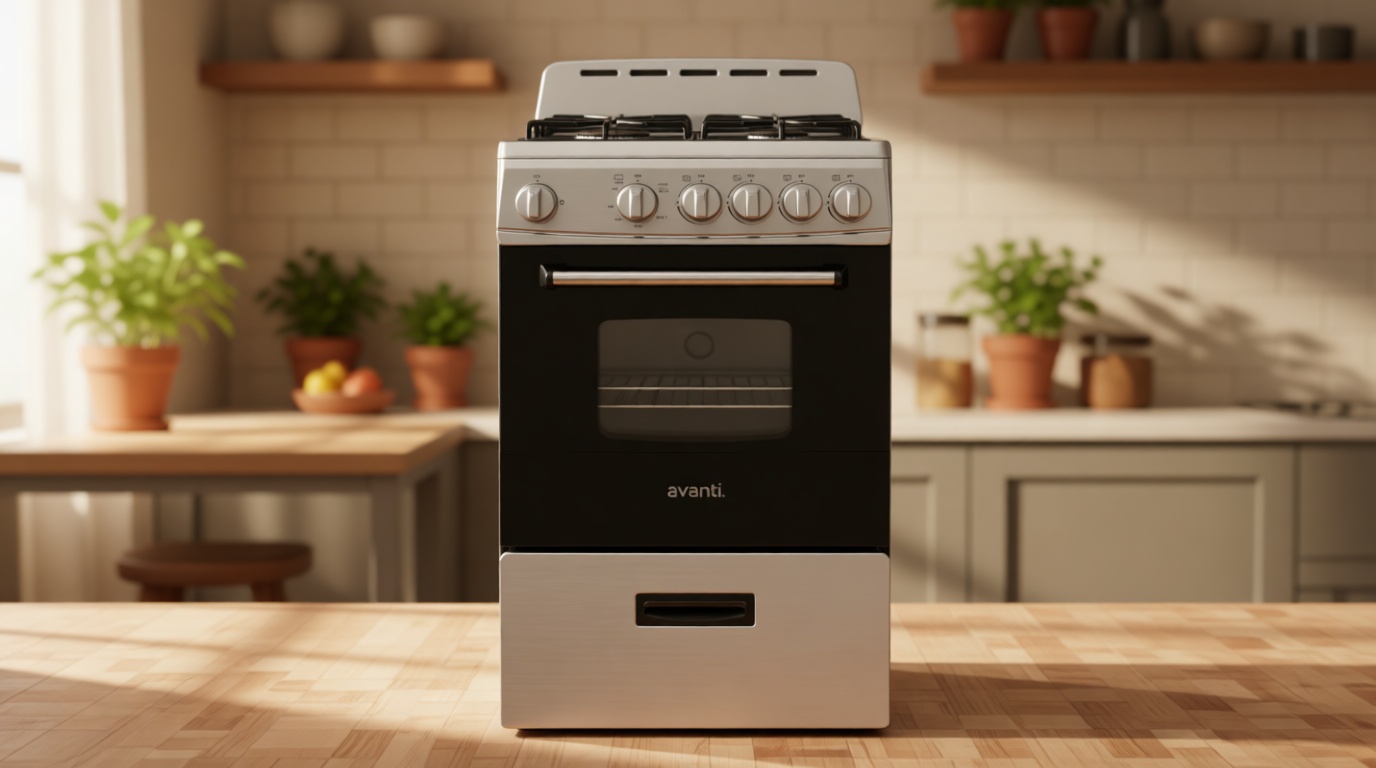 Avanti Gas Range Oven, Compact Freestanding Design, 4 Sealed Burners with Electronic Ignition, 2.1 Cu.Ft. Capacity Features Storage Drawer Broiler and Accessories, 20-Inch, Black