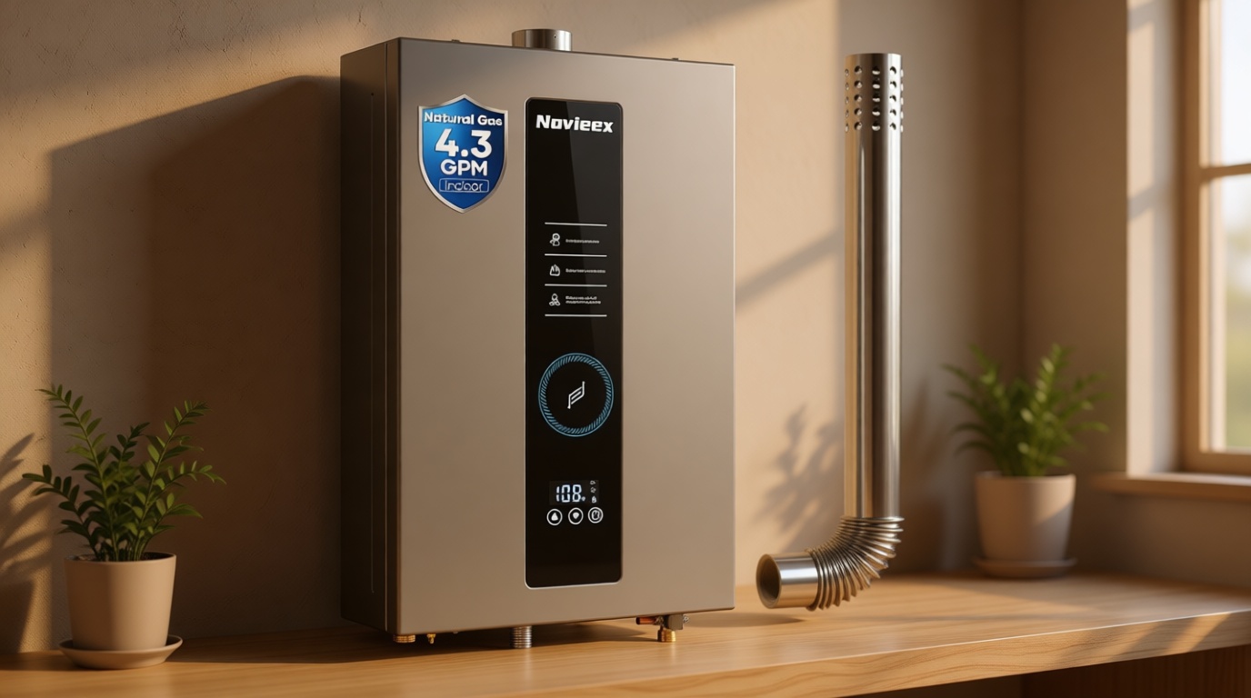 Tankless Water Heater, Novieex On Demand Water Heater Natural Gas, Up to 4.3 GPM, 100,000 BTU Instant Hot Water Heater with LED Display, Indoor Installation, 2-4 Point Use for Family Bathroom Kitchen