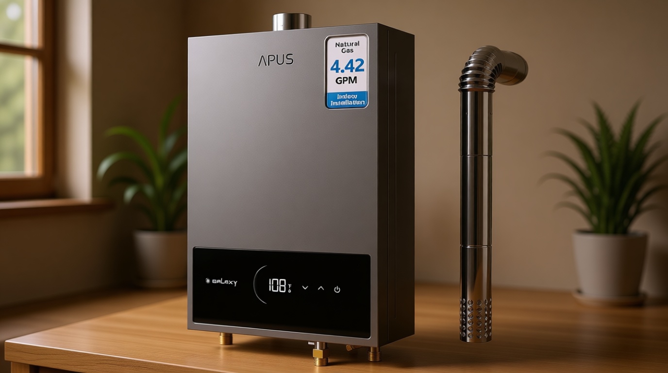 APUS Tankless Water Heater Natural Gas, Up to 4.42 GPM, Indoor Tankless Water Heater, 95,000 BTU on Demand Instant Hot Water Heaters with Smart Digital Display,Space Gray