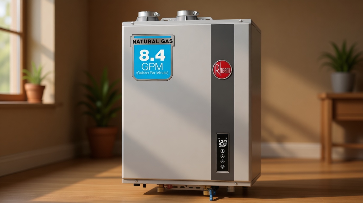 Rheem RRTGH84DVLN3701171 Rheem RTGH Series 8.4 GPM 157,000 BTU 120 Volt Residential Indoor Natural Gas Tankless Water Heater Stainless Steel