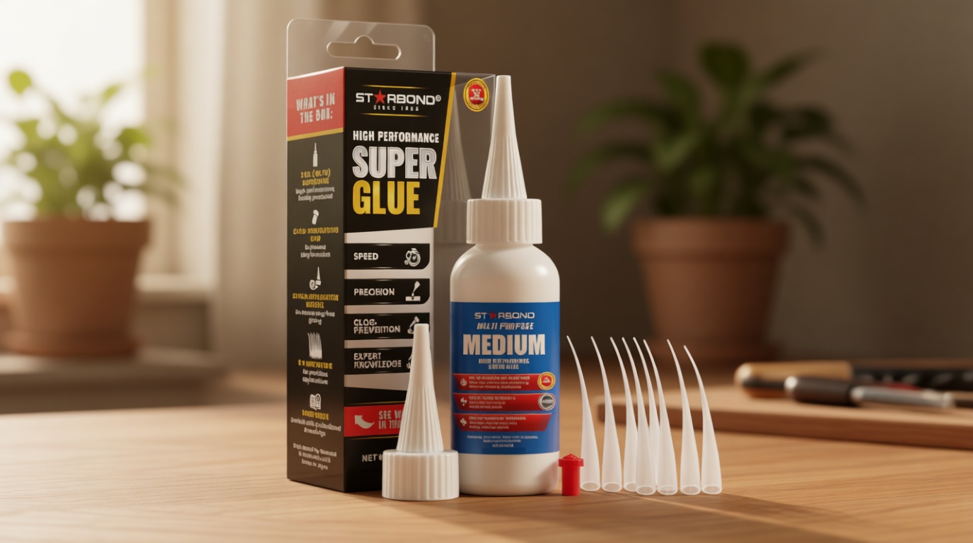 Starbond Medium Super Glue Pro Kit (2 oz) – Strong, Fast, All-Purpose CA Glue (Cyanoacrylate Adhesive) – with Anti-Clog Cap, Precision Tips & Extra Nozzles for Woodworking, Quick Fixes & Hobby Models