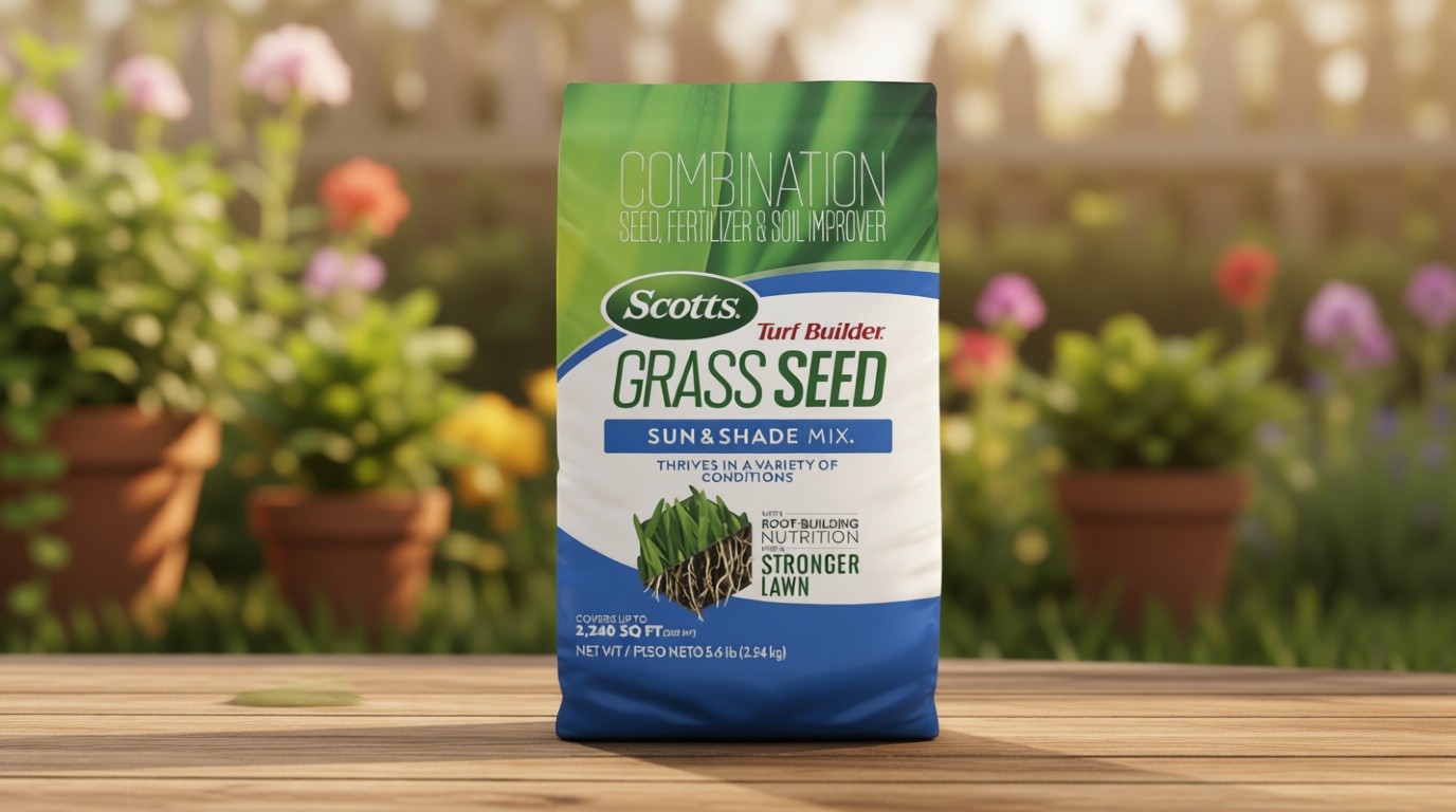 Scotts Turf Builder Grass Seed Sun and Shade Mix - Grass Seed Plus Lawn Fertilizer and Soil Improver, Covers Up to 2,240 sq. ft., 5.6 lb.