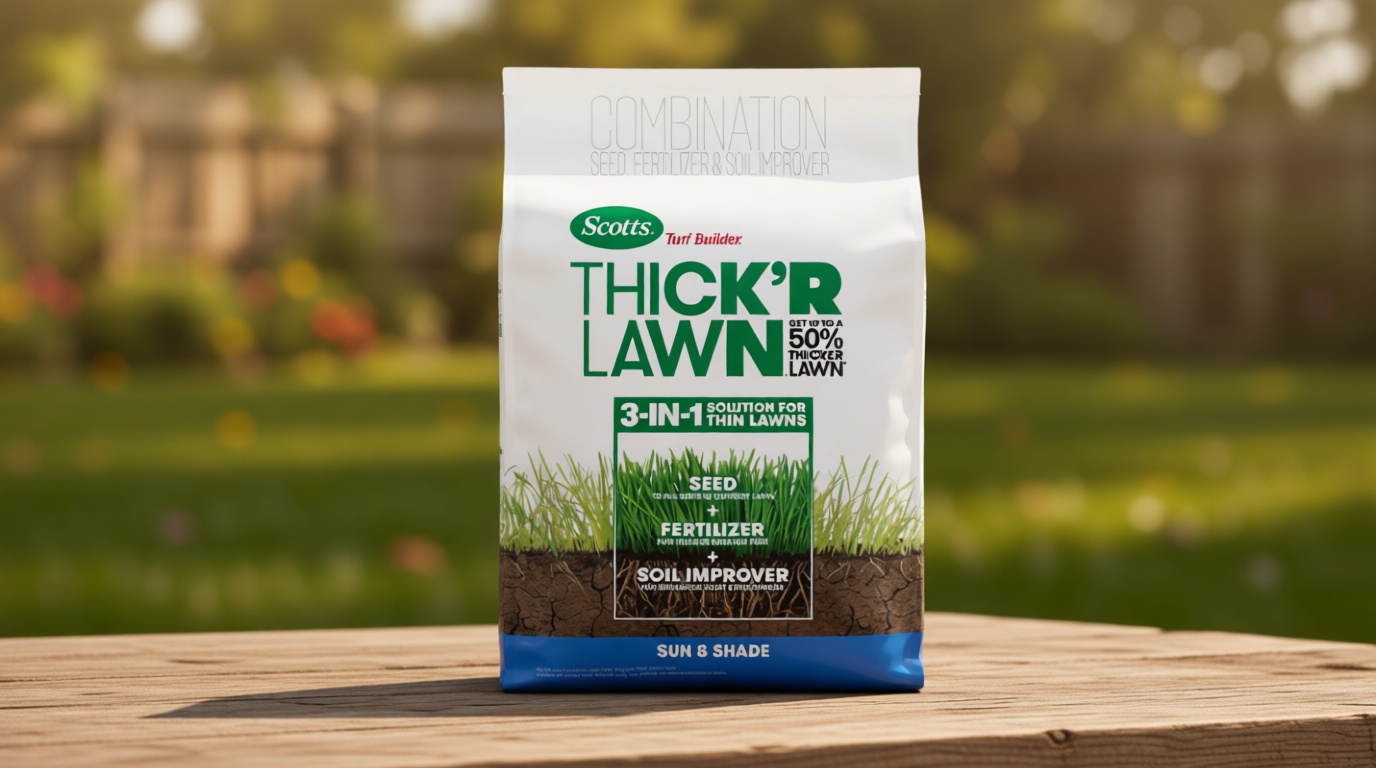 Scotts Turf Builder Thick'R Lawn Sun and Shade, 12 lb. - 3-in-1 Solution for Thin Lawns - Combination Seed, Fertilizer and Soil Improver for a Thicker, Greener Lawn - Covers 1,200 sq. ft.