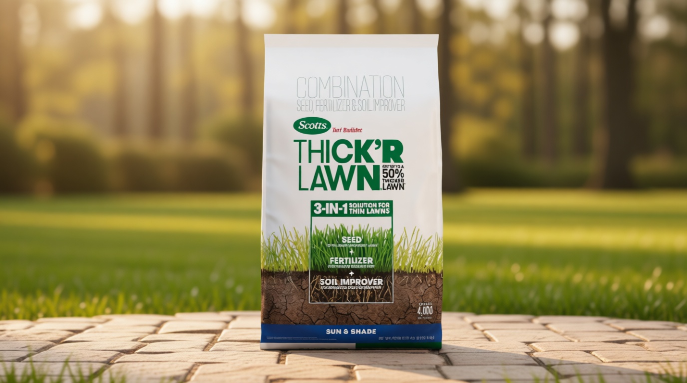 Scotts Turf Builder Thick'R Lawn Sun & Shade - 3 in 1 Lawn Fertilizer, Seed, & Soil Improver for a Thicker, Greener Lawn, Seeds up to 4,000 sq. ft., 40 lb.
