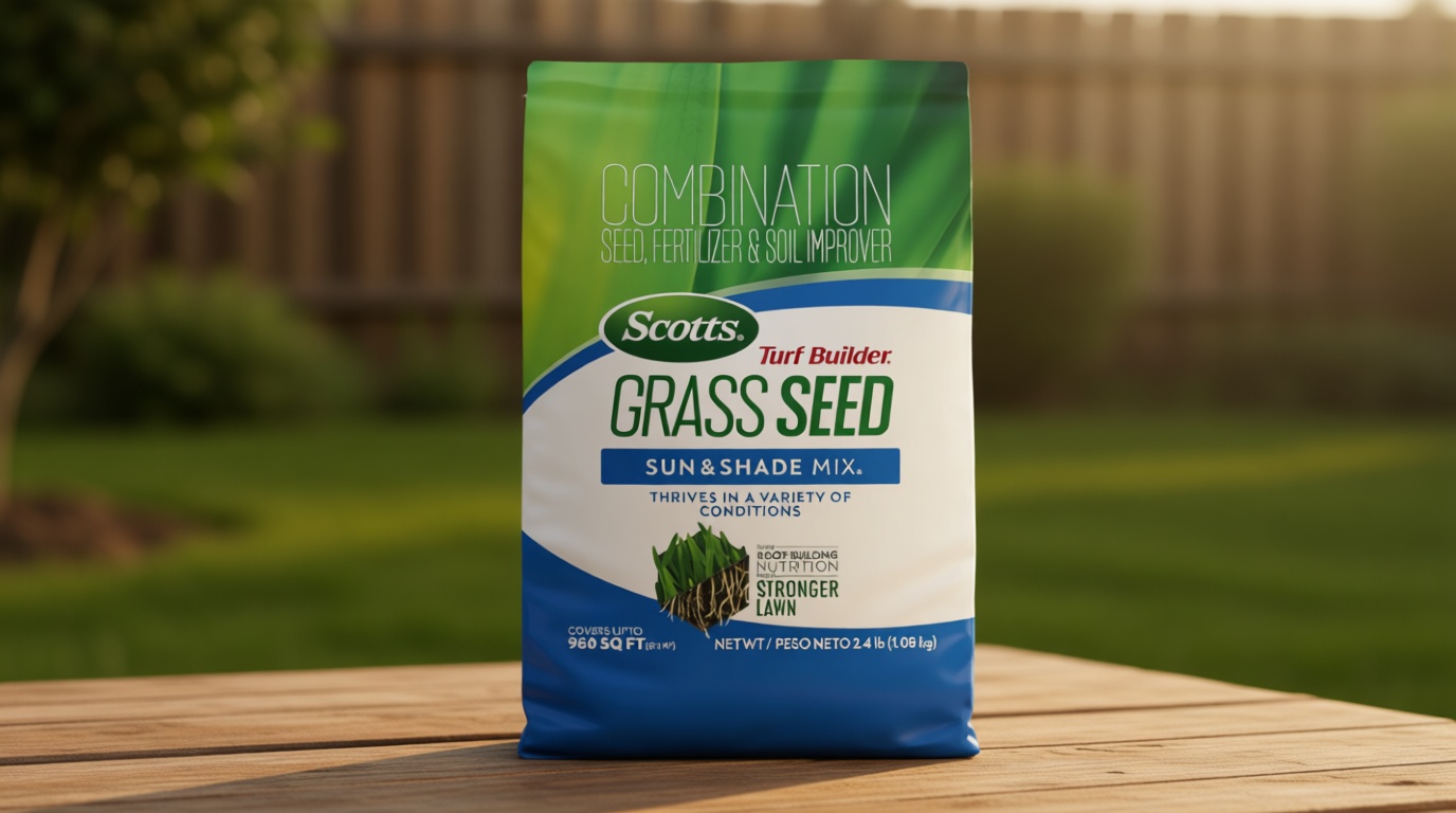 Scotts Turf Builder Grass Seed Sun and Shade Mix - Grass Seed Plus Lawn Fertilizer and Soil Improver, Covers Up to 960 sq. ft., 2.4 lb.