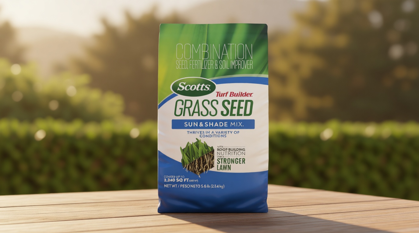 Scotts Turf Builder Grass Seed Sun and Shade Mix - Grass Seed Plus Lawn Fertilizer and Soil Improver, Covers Up to 2,240 sq. ft., 5.6 lb.