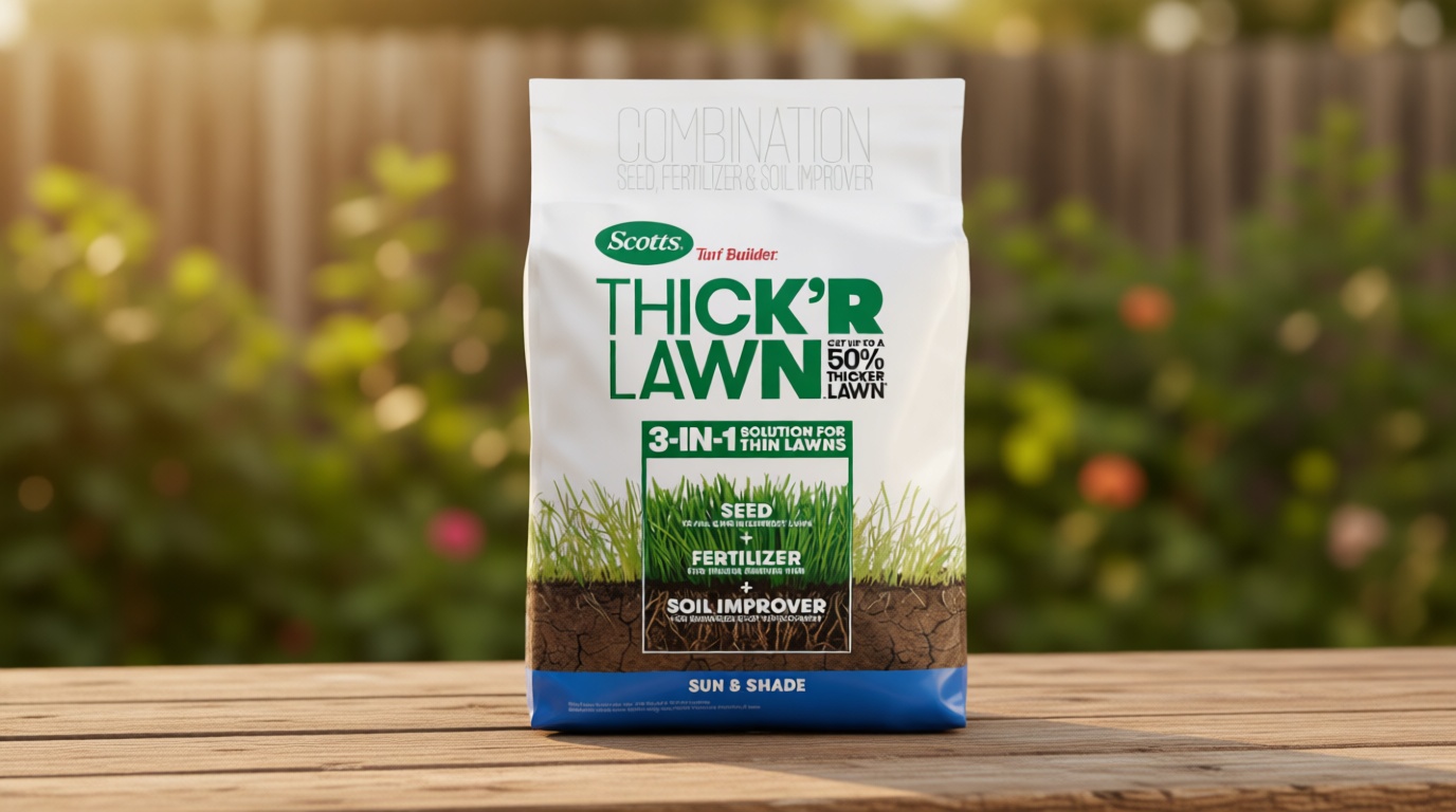 Scotts Turf Builder Thick'R Lawn Sun and Shade, 12 lb. - 3-in-1 Solution for Thin Lawns - Combination Seed, Fertilizer and Soil Improver for a Thicker, Greener Lawn - Covers 1,200 sq. ft.
