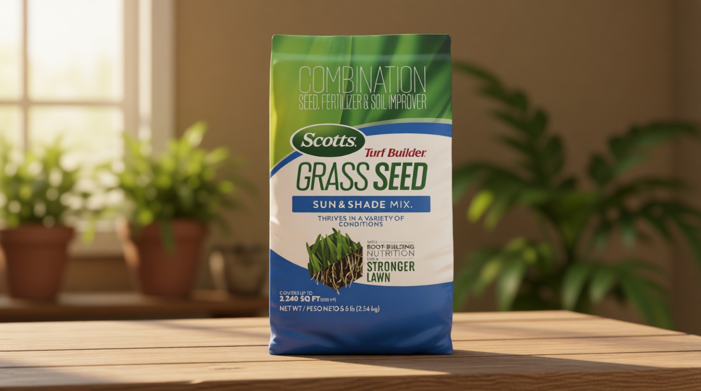 Scotts Turf Builder Grass Seed Sun and Shade Mix - Grass Seed Plus Lawn Fertilizer and Soil Improver, Covers Up to 2,240 sq. ft., 5.6 lb.