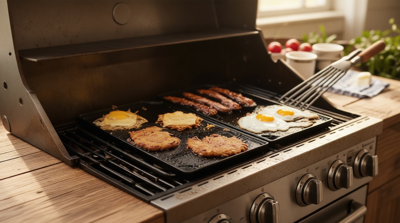 Lodge Double Play Reversible Cast Iron Grill/Griddle - Dual-Sided with Double Burner Configuration for Eggs, Pancakes, Burgers & More - Seasoned, Non-Toxic Cookware - Heavy-Duty Grill Pan - Black