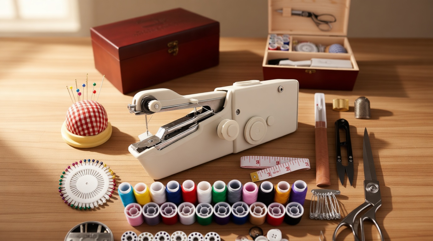 Handheld Sewing Machine, with Elegant Wooden Sewing Box and 153-Piece Sewing Kit, Mini Portable Cordless Hand held Sewing Machine, Perfect for Adults, Beginners, and Quick Home Repairs