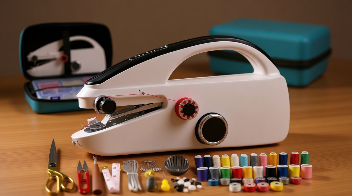 Handheld Sewing Machine Heavy Duty, with Blue Leather Storage Case and 110-Piece Sewing Kit, Mini Portable, Ideal for Adults & Beginners, Complete Set of Quick Home Clothing Repair Tools, Good Gift