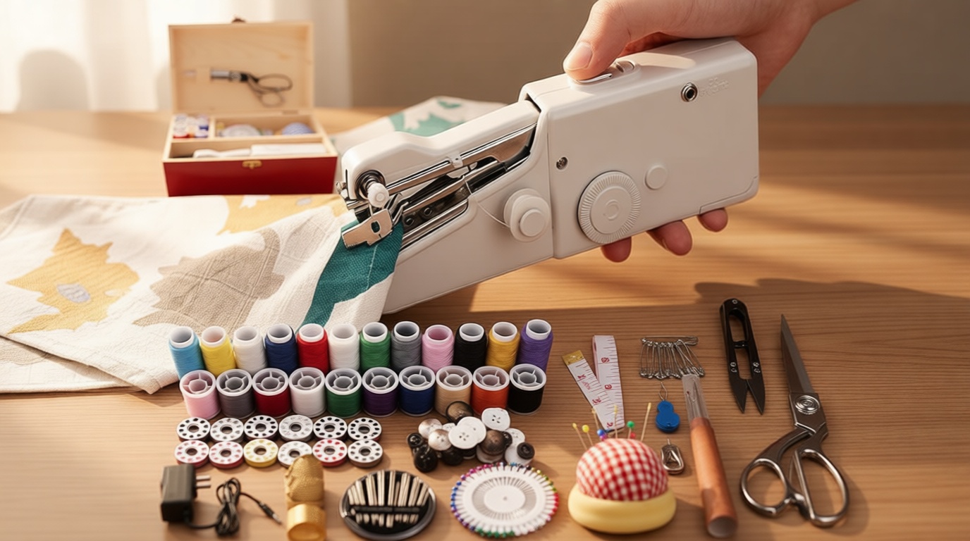 Hand Held Sewing Machine, with Red Wooden Sewing Box and 143 PCS Sewing Kit, Mini Portable Handheld Sewing Machine for Adults and Beginners, with a Power Adapter and Heavy-Duty Scissors