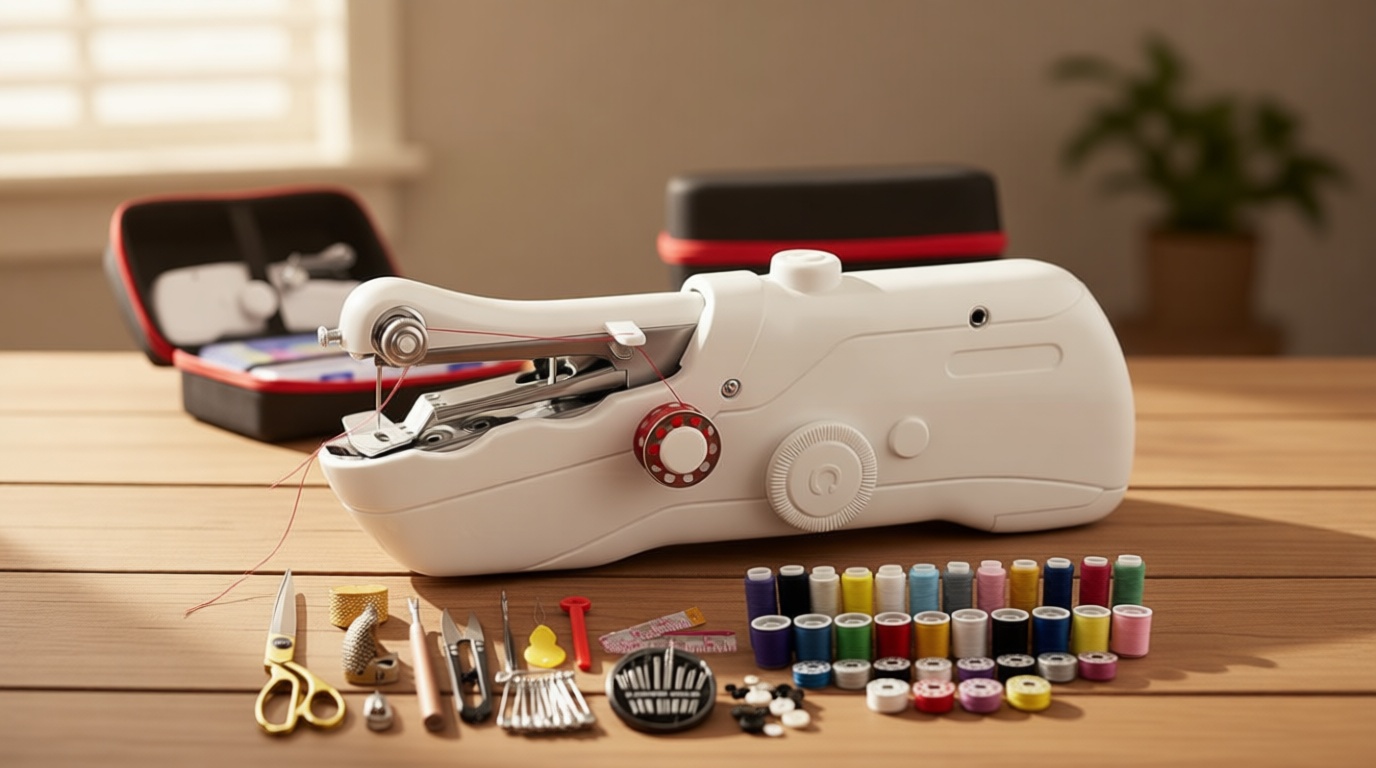 Handheld Sewing Machine with Black Storage Case and 109-Piece Sewing Kit, Mini Portable Cordless Hand Sewing Machine, Ideal for Adults & Beginners, Complete Set of Quick Home Clothing Repair Tools