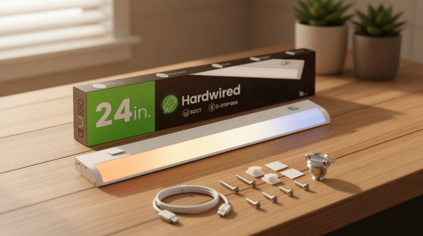 ALUSSO 24 Inch LED Under Cabinet Lighting Hardwired 120V, 5CCT Color Selectable 2700K-5000K Dimmable 15W 1200LM High Brightness, CRI 90+ Strip Linkable Under Counter Lights for Kitchen Sink, 1 Pack