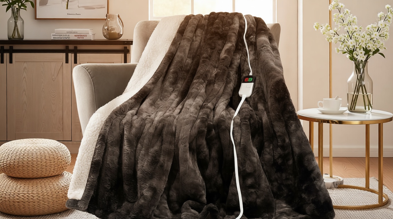 MAXEVE Electric Heated Throw Faux Rabbit Fur Blanket with 8 Heating Levels & 8 Hours Auto Off, Fast Heating Warm Cozy Sherpa Washable Blanket with Over-Heat Protection, ETL Certification, Grey OEKO-TEX STANDARD 100