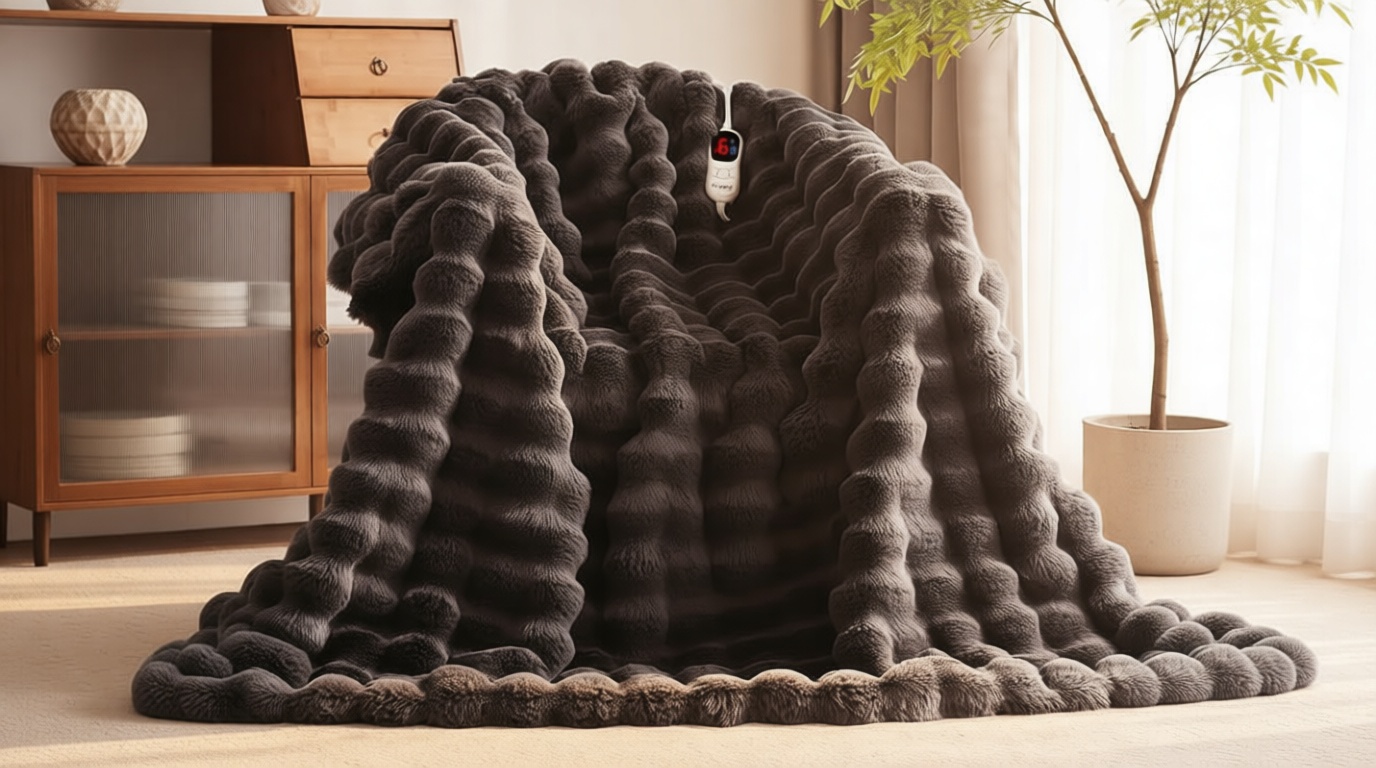 Anysay Heated Blanket Throw with 1/2/4/6/8 Hours Auto-Off 10 Heat Level, 50'' * 60'' Cozy Faux Rabbit Fur Bubble Electric Blanket with Overheat Protection(Dark Grey)