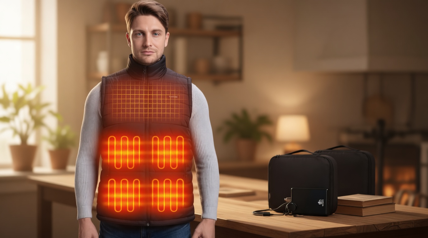 Soleilwear Mens Heated Vest with 12000mAh Battery, 9 Heated Zones Lightweight Rechargeable Vest for Camping Ski Cycling
