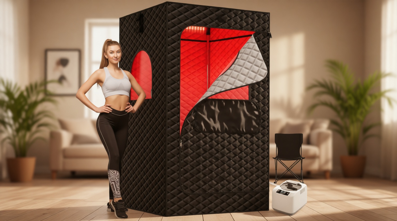 KASUE Portable Steam Sauna Tent for Home, Infrared Sauna with 3L Steamer, 9 Temp Levels & 99 Min Timer, 5-Layer Waterproof Insulated, Folding Chair Included, Indoor Spa (Light Black) Global Recycled Standard