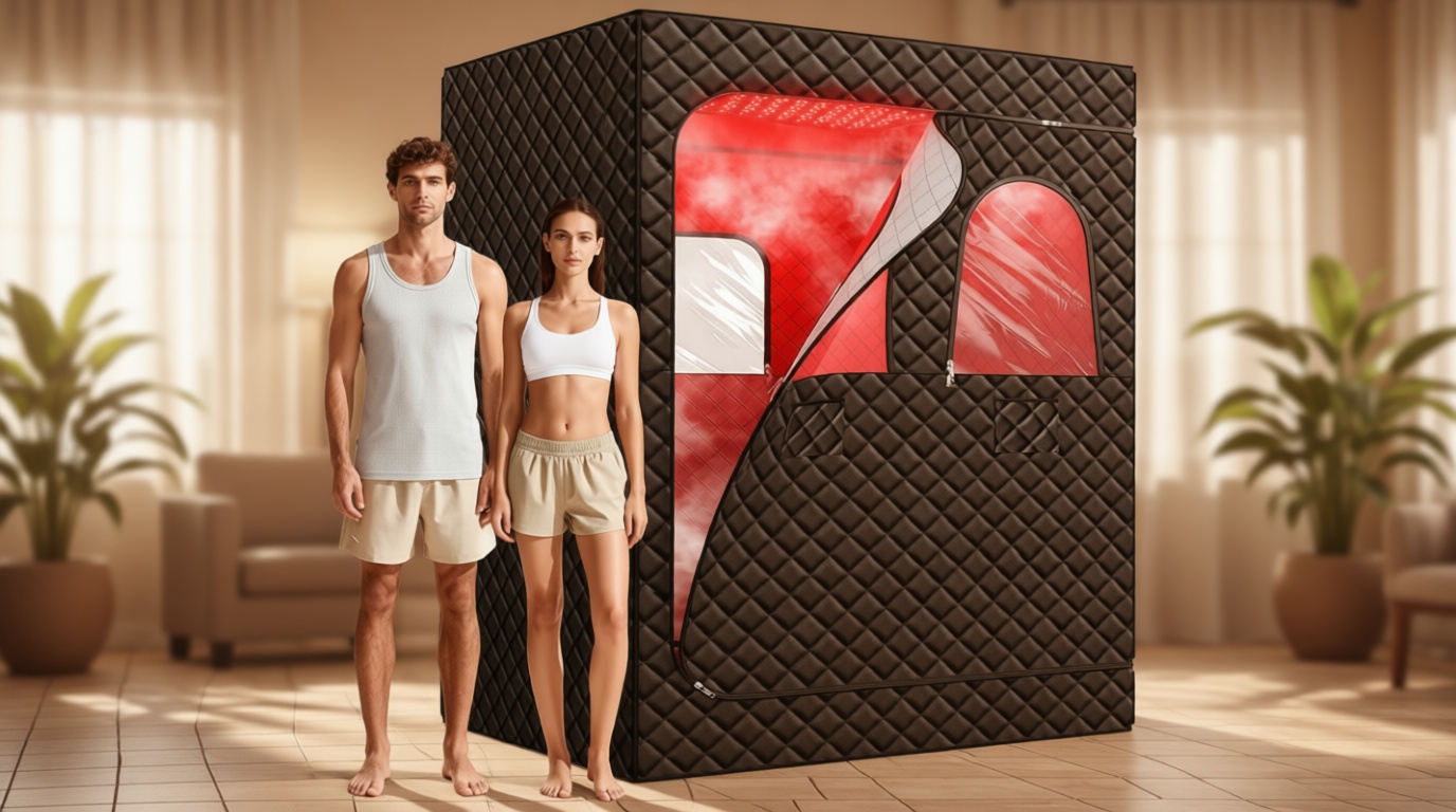 iTHERAU 2 Person Infrared Sauna Box for Home, Portable Steam Sauna Room with 660nm＆850nm Red Light Therapy Lamp, 5-Layer Waterproof, 2 Steamers, 2 Folding Chair, 2 People Red Light Sauna