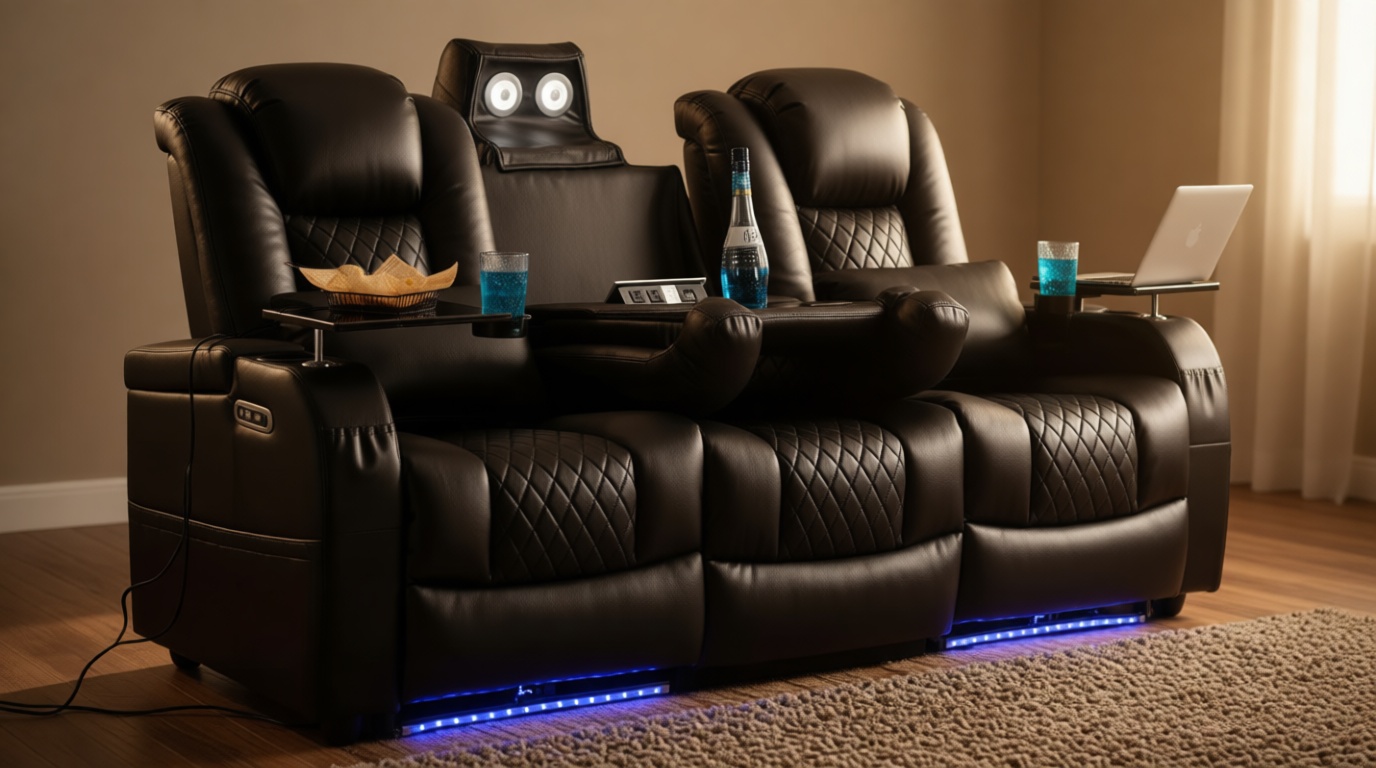 Airadlis Home Theater Seating Seats Dual Power Movie Theater Chairs Theater Recliner Sofa with 7 Colors Ambient Lighting, Lumbar Pillow, Side Pocket, Tray Table,Type-C USB Charge