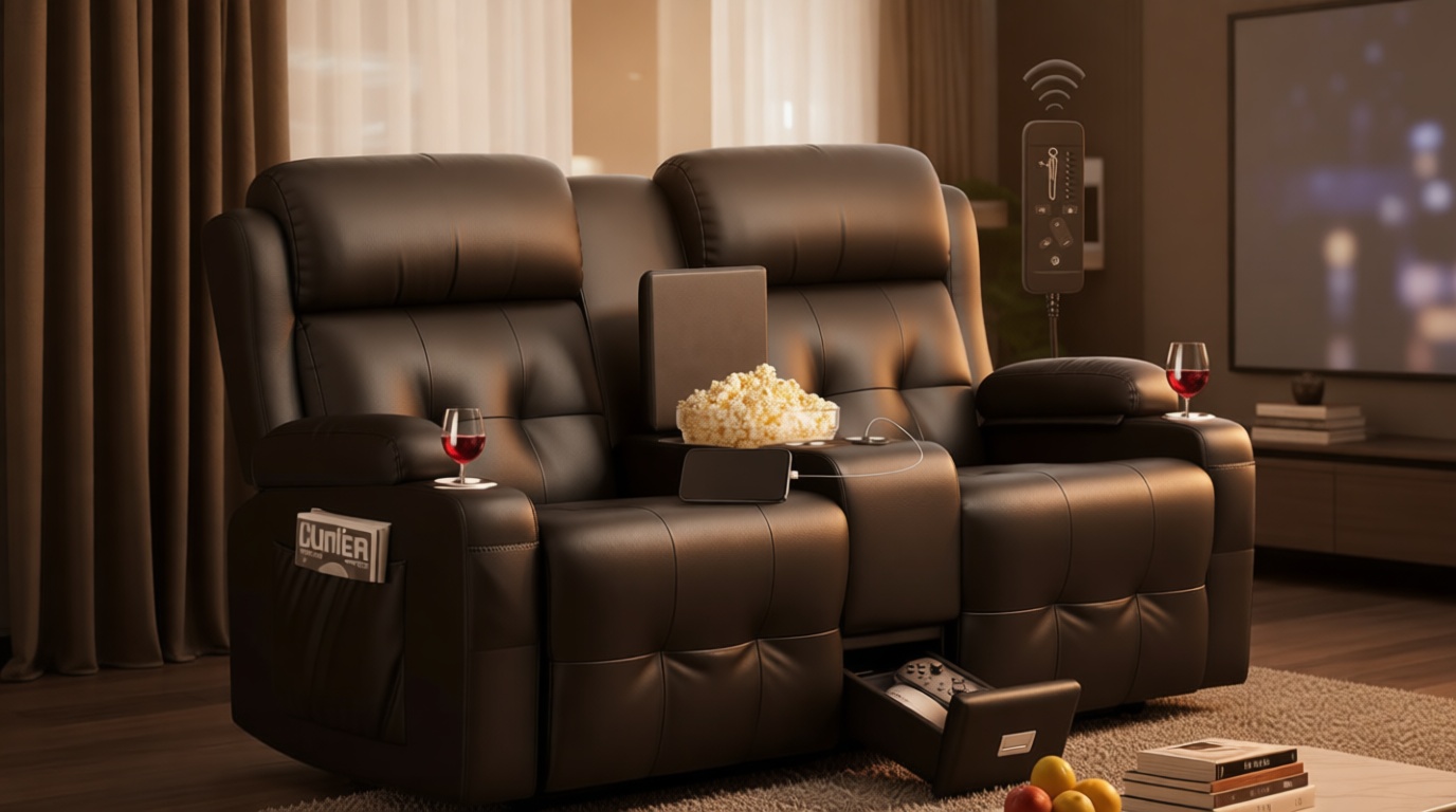 Loveseat Recliner Sofa, Home Theater Seating Massage Reclining Couch with USB, Center Console, Wall Hugger RV Recliners, 145° Recline & Cup Holders & Side Pockets,for RV & Movie Room